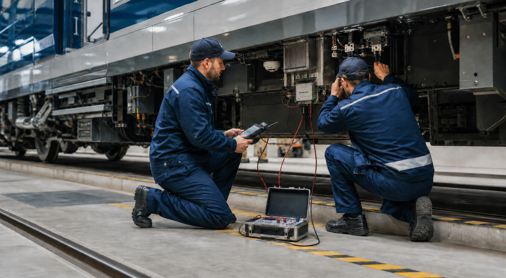 Techniker prüfen Sicherheitssysteme am Schienenfahrzeug
